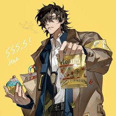 an anime character holding a bag of food and a cupcake in his hand while wearing a trench coat