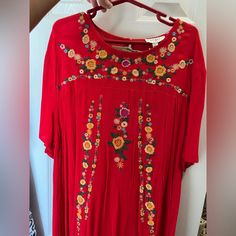 Nwt Embroidered Red Dress Size M Medium Fiesta Vacation Flowers Red Embroidered Long Sleeve Dress, Red Folk Style Embroidered Dress, Red Floral Embroidered Summer Dress, Red Floral Embroidered Dress For Summer, Spring Red Rayon Dress, Red Folk Embroidered Dress With Floral Design, Red Folk Style Dress With Embroidered Hem, Folk Style Red Long Sleeve Dress, Red Folk Style Dress With Floral Embroidery