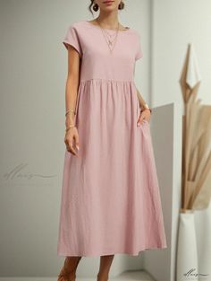 Elluis - Classic and Chic Sleeveless Cotton Linen Dress with Solid Color and Functional Pockets Plain Pink Summer Dress, Maxi Dress With Pockets For Daywear, Casual Plain Pink Dress, Casual Pink Maxi Dress With Pockets, Solid Sundress With Pockets, Pink Maxi Dress With Pockets, Spring Sleeveless Maxi Dress With Pockets, Basic Skirt, Cotton Linen Dresses