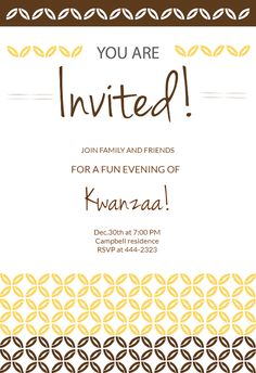 a brown and yellow pattern with the words, you are invited for a fun evening of kwan