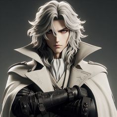 an anime character with white hair wearing a cape and holding his arms crossed in front of him