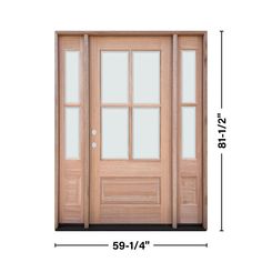 Greatview Doors offers a beautiful unfinished mahogany wood door that would be the perfect addition to give your home an instant upgrade. This 4-Lite 1-3-1 door unit comes ready to install and features classic clear-beveled TDL glass panels paired with the warmth of mahogany hardwood. Whether you want a classic entryway or that modern farmhouse look, this door provides timeless appeal to any home. Greatview Doors 60-in x 80-in Wood 3/4 Lite Right-Hand Inswing Unfinished Prehung Single Front Door Ranch House Update, Single Front Door With Sidelights, Double Wood Front Doors, Single Exterior Doors, Classic Entryway, House Entry Doors, Front Door With Sidelights, Single Front Door, Door With Sidelights