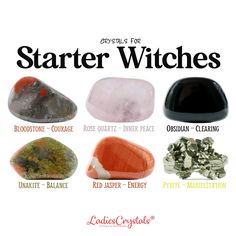 This is a starter witches crystal set of 6 crystals. Bloodstone, rose quartz, black obsidian, unakite, red jasper and pyrite. This starter witches set includes: ☆ 6 crystals are listed above with sizes 2 - 2,5 cm. ☆ Information glossy card with the properties of crystals. ☆ Velvet bag for your stones. ☆ Gift card (optional). ☆ Everything is packed in a small elegant box with a ribbon ready to be given as a gift. ☆ CRYSTALS PROPERTIES ☆ Bloodstone - courage Rose quartz - Inner peace Black obsidian - clearing  Unakite - balance Red jasper - energy Pyrite - manifestation  ☆ HOW TO USE ☆ You can use the crystals in whatever way works for you, such as wearing them in your pocket, placing them on your desk or on a windowsill, or simply holding it in your hand every time you need to be reminded o Crystals Witchcraft, Witchcraft Crystals, Witch Powers, Tumbled Crystals, Teen Witch, Witch Spirituality, Wiccan Spell Book