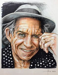 a drawing of an older woman wearing a hat and polka dot shirt with her hands to her face