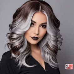 Edgy Balayage Hair, Grey Blending, Black And Grey Hair, Reverse Balayage, Two Tone Hair, Silver Blonde Hair, Chocolate Mocha, Gorgeous Hair Color