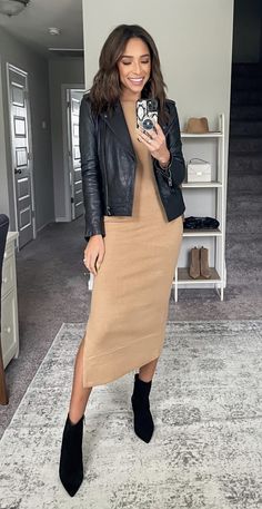 Office Outfits Women Long Sleeve, Cute Trendy Modest Outfits, Winter Little Black Dress Outfit, Fall Causal Outfits Women 2023, Executive Attire Women, Camel Dress Outfit, Mid Dress Outfit, Maxi Dress Fall Outfit, Fall Work Outfits For Women 2023