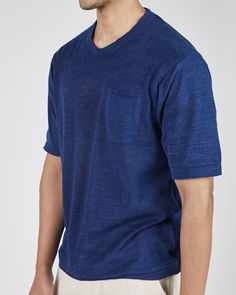 A year-round, elevated essential t-shirt that has an amazing hand feel. With a straight fit to accommodate a range of body types. Made from hand spun slub cotton jersey made using a hand operated flat bed knitting machine. - 100% Hand Flat Knit Cotton- Sustainably dyed using natural dyes- Single chest pocket - Classic fit Indigo dyeing is a special process that also requires extra care. Indigo bleeding is normal in naturally dyed garments and after several initial washes, the color will stabiliz Natural Detergent, Indigo Dye, Knit Tees, Naturally Dyed, Knit Cotton, Machine Knitting, Body Types, Hand Spinning, Knitting