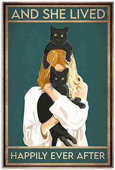 Black Cat and She Lived Happily Ever After, Girl and Black Cat, Black Cat Katt Grejer, Cat Standing, Cat Drawings, 3 Cats, Tuxedo Cats, Retro Kunst, Söt Katt