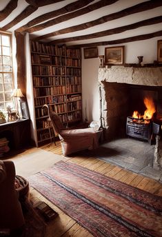 a living room filled with furniture and a fire place next to a book shelf full of books