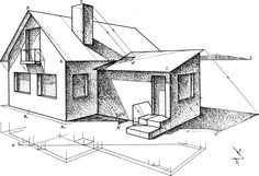 an architectural drawing of a house with the roof and side walls cut out to show how it's made