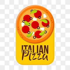 the italian pizza logo is shown on a yellow plate, with pepperoni and olives