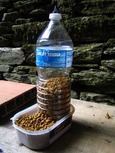 a bottle of water sitting on top of a table next to a container of food