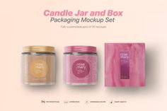 three jars of candle jar and box packaging mockup set on pink background with text