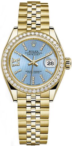 279138RBR | M279138RBR-0009 ROLEX OYSTER PERPETUAL LADY-DATEJUST 28 WOMEN'S LUXURY WATCH - With Manufacturer Serial Numbers - Swiss Made - Cornflower Blue Dial Set with Diamonds - Bezel Set with Diamonds - Date Feature - 55 Hour Power Reserve - Self-winding Automatic Chronometer Movement - Rolex Caliber 2236 - Vibrations Per Hour: 28,800 - Jewels: 31 - 6 Year Warranty - Guaranteed Authentic - Certificate of Authenticity - Manufacturer Box & Manual - Polished with Brushed Solid 18k Yellow Gold Case & Jubilee Bracelet - Scratch Resistant Sapphire Crystal - 100 Meters / 330 Feet Waterproof - 28mm = 1 1/8" Case, 6" Adjustable Bracelet - Screw Down Crown & Case Back - Deployment Buckle - Free Bracelet Sizing     Also Known As Model # 279138RBR-BLUDJ Rolex Lady Datejust, Rolex Women, Authentic Watches, Luxury Timepieces, Rolex Watch, Rolex Oyster Perpetual, Womens Watches Luxury, Free Bracelet, Waterproof Watch