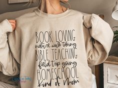 Homeschool Sweatshirt, Christian Mom Sweatshirt, Homeschool Mom Shirt, Homeschool Shirt, Homeschool Mama Shirt,Homeschool Teacher Sweatshirt Everyone needs a cozy go-to hoodie to curl up in, so go for one that's soft, smooth, and stylish. It's the perfect choice for cooler evenings! * 50% cotton, 50% polyester  * Pre-shrunk * Unisex... Runs true to size Note: This is a unisex/relaxed fit t-shirt that are true to size. It is not a women's fitted shirt.  We recommend ordering a size down for a mor Pre-shrunk Relaxed Fit Sweatshirt For School, Long Sleeve T-shirt For College Back To School, Long Sleeve T-shirt For End Of School Year, Homeschool Shirt Ideas, Long Sleeve School Spirit T-shirt, Crunchy Mom Shirt, Homeschool Tshirts Designs, End Of School Year Long Sleeve T-shirt, Homeschool Mom Svg