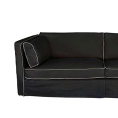 a black couch with white piping on the arms and back ends, sitting against a white background