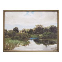 an oil painting of a river with trees and grass in the foreground, on a white background