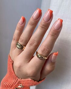 50+ Perfect Orange Tip Nail Designs That Are Really Trendy; gradient nails! This includes orange nails, orange nails acrylic, orange nails summer, orange nail designs, french tip nails, french tip nails orange, french tip ideas & more! This also includes orange nail art, orange nail ideas, orange nail designs, french tip with design, orange nails almond, orange nails square, bright nails, summer nails, french tip acrylic nails, french tip nail designs & more! #orangenails #frenchtipnails Square Orange French Tip, Orange Nails Acrylic, Orange Nails Summer, Orange Nail Ideas, Nail Art Orange