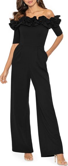 Xscape Ruched Ruffle Scuba Crepe Jumpsuit | Nordstrom Elegant Wide Leg Jumpsuits And Rompers With Pockets, High Waist Strapless Jumpsuit With Pockets, Chic Formal Jumpsuits And Rompers With Pockets, Formal Strapless Wide-leg Jumpsuit For Spring, Formal Strapless Wide Leg Jumpsuit For Spring, Chic Strapless High-waist Jumpsuit For Work, Chic Strapless High Waist Jumpsuit For Work, Formal Wide-leg Strapless Jumpsuit For Spring, Chic High Waist Strapless Jumpsuit For Work