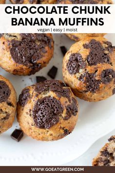 chocolate chunk banana muffins on a white plate