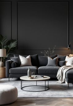 Dark Grey Couch Living Room Ideas Dark Wall With Dark Furniture, Gray Velvet Sofa Living Room Ideas, Charcoal Velvet Sofa, Dark Grey Velvet Sofa Living Room Ideas, Grey Sofa Grey Walls, Modern Living Room Grey Walls, Living Room Charcoal Couch, Grey And White Living Room Ideas Modern, Charcoal Gray Living Room