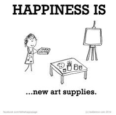 a cartoon drawing of a woman holding a tray of art supplies in front of a table that says happiness is new art supplies