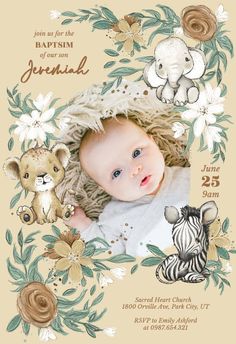 a baby's birth announcement with an elephant, giraffe and zebra on it