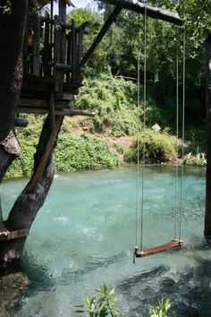 there is a swing set in the water next to a tree house and some trees