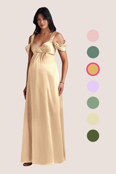 a woman in a long dress standing next to color swatches with her hands on her hips