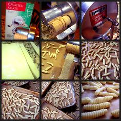 several different types of food being made and displayed in multiple pictures, including pasta cutters