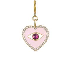 The Enamel Evil Eye Clip-On Charm brings together two eternal and beloved motifs. Framed in pavé crystals and studded with an amethyst eye, this enamel pendant is a protective good luck talisman that’s always in style—simply add it to any of our convertible chain links or pearls. Charm measures 2 " x 1 " and is 22k gold plating bronze with enamel, genuine amethyst and crystal stones. Heart-shaped Jeweled Jewelry Gift, Heart Shaped Jeweled Jewelry For Gift, Heart-shaped Jeweled Jewelry For Gift, Luxury Jeweled Pendant Jewelry, Luxury Pink Jeweled Jewelry, Enamel Gemstone Jewelry As A Gift, Round Jeweled Enamel Jewelry, Luxury Diamond Charms For Gifts, Enamel Charm Pendant Jewelry