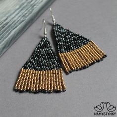 Gold gray black beaded earrings Abstract gold beadwork | Etsy Elegant Black Earrings With Tiny Beads, Elegant Black Beaded Earrings With Tiny Beads, Black Beaded Earrings, Seed Bead Earring, Turquoise Bead Earrings, Beadwork Earrings, Ombre Earrings, Bead Earring, Luxury Earrings