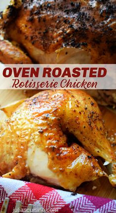 an oven roasted chicken on a cutting board with text overlay that reads easy oven roasted chicken