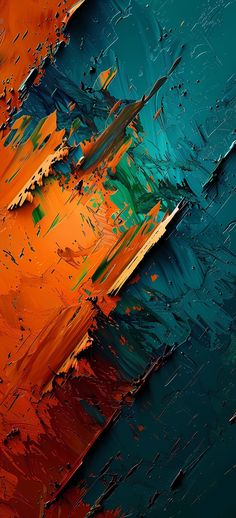 an abstract painting with orange and green colors on the bottom half of it, as well as dark blue