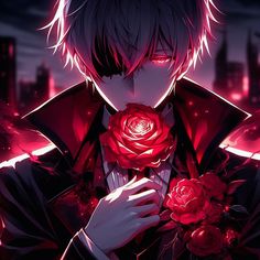 an anime character holding a rose in his hand and looking at the camera with city lights behind him