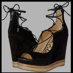 Playful Style Is The Name Of The Game In The Harriet Sandal From Sam Edelman. These Suede Platforms Feature An Espadrille Accented Midsole And Towering Wedge For Extra Intrigue To Your Warm-Weather Look. Features Suede Upper Back Zipper Closure Ghillie Lace-Up Round Peep Toe Faux Leather Lining Cushioned Footbed1½" Platform, 4¾" Covered Wedge Heel Espadrille Midsole Synthetic Sole ** I Do Not Have The Original Box** Black Suede Wedge Sandals For Summer, Black Suede Wedge Sandals, Heeled Espadrilles, Sam Edelman Shoes, Espadrille Shoes, Discount Shoes, Sam Edelman, Wedge Heels, The Game