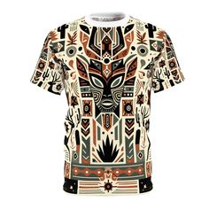 Experience the fusion of African tribal art and American Southwestern motifs with our unique, African Tribal Pattern-Inspired t-shirt. The center showcases a totem laden with spiritual icons, highlighted by birds and geometric antelopes. With colors of terracotta reds, cactus greens, sunset oranges, and star-kissed black, this Black Heritage shirt invites storytelling with its rich cultural narrative. Perfect for statement style or art lovers. #AfricanTribalArt #SouthwestMotifs #TotemDesign #GeometricAnimalArt #EarthyColors #UniqueTShirt #CulturalNarrative #StatementFashion #ArtLover #StorytellingFashion Bohemian Graphic Print Patterned T-shirt, Bohemian Multicolor Sublimation Print T-shirt, Bohemian Multicolor Graphic Print T-shirt, Festival Multicolor Graphic Print Tops, Bohemian White T-shirt With Graphic Print, White Bohemian T-shirt With Graphic Print, Multicolor Printed T-shirt For Festivals, Artistic Graphic Print Festival Tops, Artistic Graphic Print Tops For Festivals