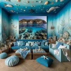 a living room filled with blue couches and underseam decorations on the walls