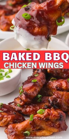 baked bbq chicken wings on a white plate with sauce and green garnish