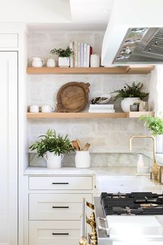 a kitchen with white cabinets and open shelving above the stove top is filled with potted plants