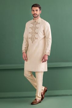 Cream kurta with metal applique embroidery in geometric pattern. Paired with matching aligadhi pant. - Aza Fashions Jayanti Reddy, Anushree Reddy, Anamika Khanna, Diana Penty, Rohit Bal, Tarun Tahiliani, Luxury Sale, Applique Embroidery, Kurta Set