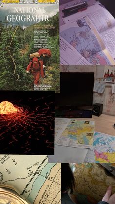 a collage of maps, books and other items on a desk with a person holding a camera