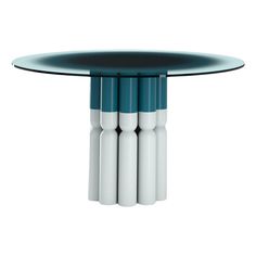 a table with four white and blue tubes on it's legs, against a white background