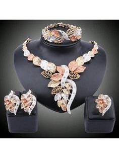 1pc Fashionable Crystal Leaf Gold-Colored Jewelry Set, Including Necklace, Earrings, Bracelet And Ring, Suitable For Women's Wedding Party Outfits, Gift Set Colorful,Gold,Silver    Zinc Alloy     Women Fashion Jewelry, size features are:Bust: ,Length: ,Sleeve Length: Rose Gold Alloy Jewelry For Party, Rose Gold Fashion Jewelry For Party, Costume Jewelry Metal Bridal Sets, Multicolor Alloy Jewelry As Gift, Metal Jewelry For Valentine's Day Party, Multicolor Metal Jewelry For Anniversary, White Jewelry For Valentine's Day Celebration, Multicolor Alloy Jewelry For Gifts, Silver Costume Jewelry Bridal Sets