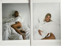 two polaroid photographs of women laying in bed