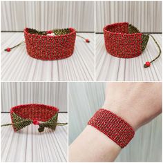 four different views of a bracelet with red beads and green leaves on it, including the clasp