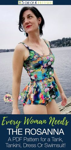 This flirty pattern has all your needs covered. Our Rosanna features unique side princess seaming and a low ballerina back with optional back straps. With options for a tank, tankini, dress or swimsuit, what will you choose to create? #womenspdfsewingpattern #peplumpattern #pdfpattern Playful Fitted Tankini For Beach Party, Playful Fitted Tankini For Vacation, Fitted Sleeveless Tankini For Summer Parties, Beachy Sleeveless Tankini For Summer Parties, Playful Sleeveless Tankini For Beach Party, Playful Green Tankini For Summer, Fitted Tropical Print Tankini For Beach, Stretch Multicolor Swim Dress For Summer, Fitted Beachy Tankini With Tropical Print