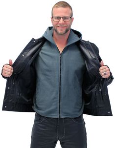 A heavy black leather jean jacket with hoodie and concealed pockets for men that is more durable than your favorite denim style jacket. A hooded black leather jean jacket for men that need a sturdy, long lasting leather jacket for everyday use with a removable hoodie that can be worn separately. This classic hooded jean jacket comes with dual concealed carry pockets, a shirt collar, button-up front, two front chest pockets, two side entry pockets, button cuffs and a soft nylon lining. The concea Fitted Hooded Biker Jacket With Pockets, Black Hooded Leather Jacket For Fall, Casual Fitted Leather Hooded Jacket, Biker Style Outerwear With Double-lined Hood For Fall, Fall Biker Outerwear With Double-lined Hood, Fall Biker Style Outerwear With Double-lined Hood, Hooded Biker Outerwear For Streetwear, Hooded Biker Jacket For Fall Events, Biker Style Hooded Outerwear For Streetwear