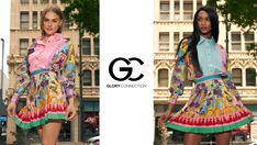 Glory Connection | Shop Top Women Designer & Everyday Fashion Clothing Pink Skirt Set For Spring, Multicolor Summer Sets With Printed Border, Pink Mini Skirt Sets For Spring, Multicolor Print Summer Sets, Luxury Multicolor Print Summer Sets, Fitted Multicolor Mini-length Sets, Chic Pink Mini Skirt Set, Summer Multicolor Cotton Cover-up, Latest Designer Dresses