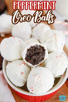 chocolate peppermint oreo balls in a red and white bowl